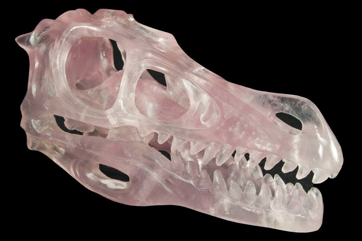 Carved Rose Quartz Dinosaur Skull Roar For Sale