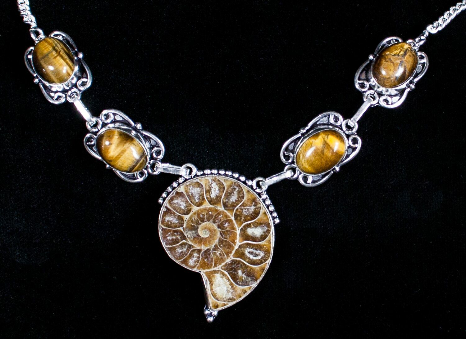 Fossil Ammonite Necklace With Tigerseye (3593) For Sale