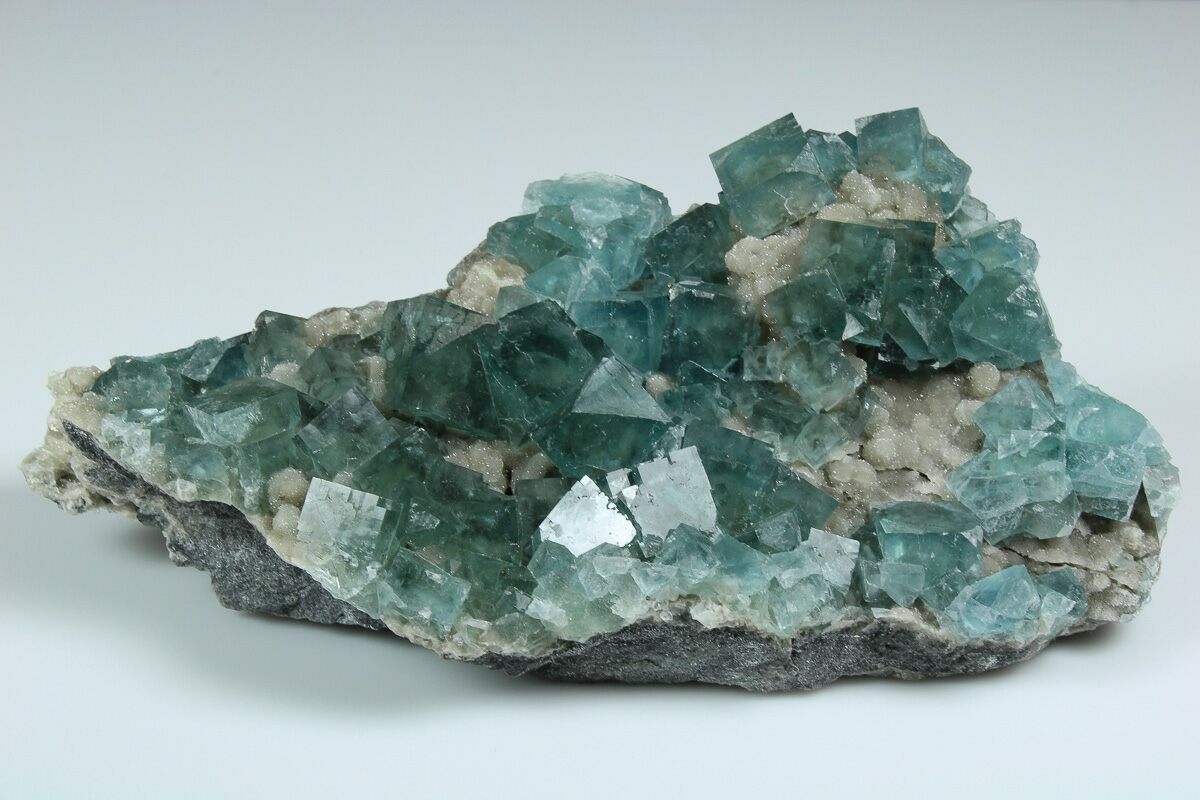 7.1" Cubic, BlueGreen Fluorite Crystals on Druzy Quartz Fluorescent