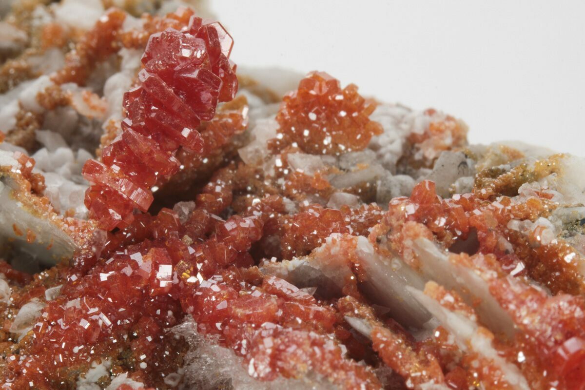 4" Sparkling, Ruby Red Vanadinite Crystals on Barite Morocco (223639