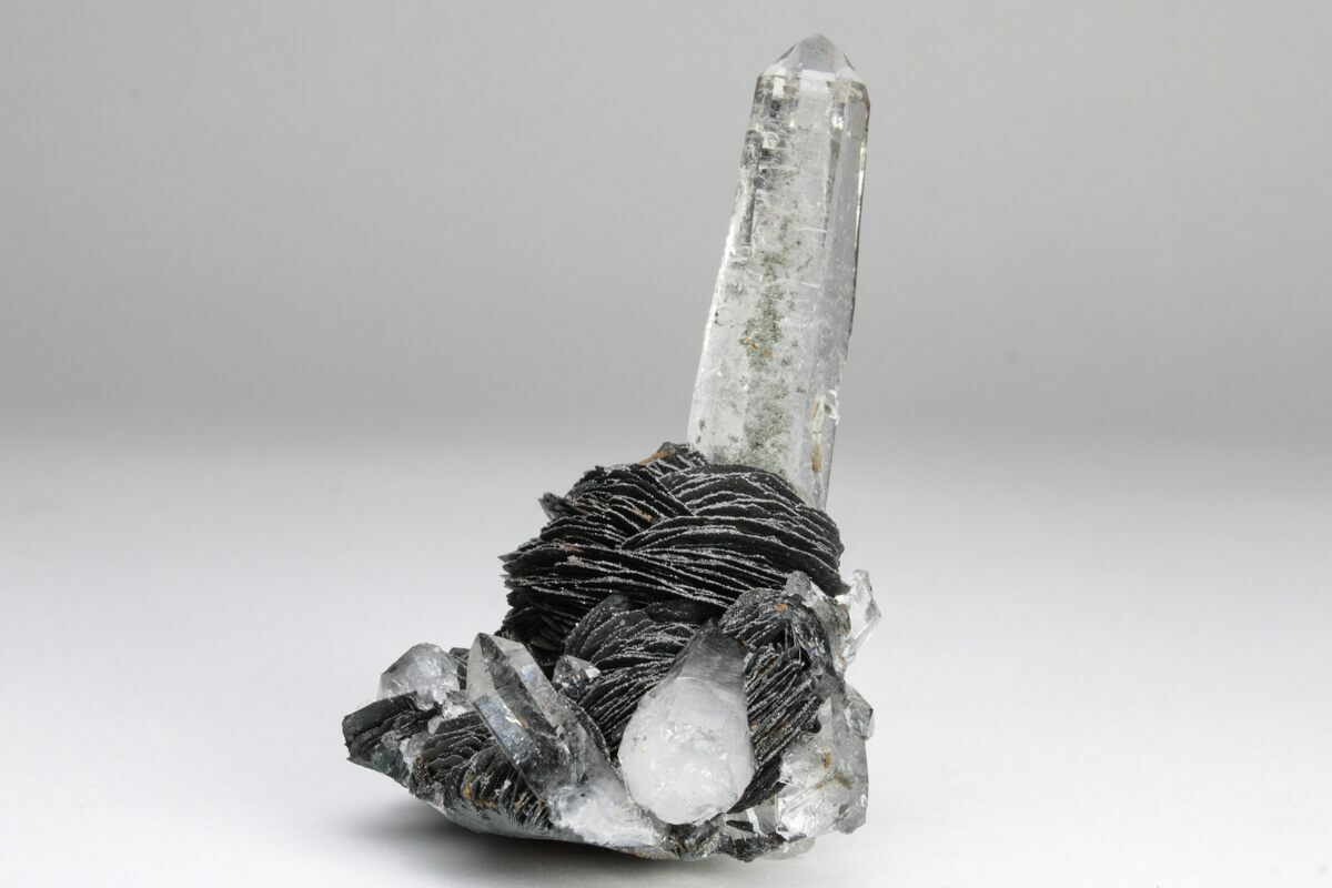 3.7 Quartz Crystals On Sparkling Bladed Hematite - Lechang Mine (#225998)  For Sale 
