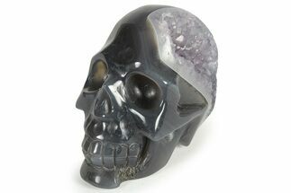 Polished Banded Agate Skull with Quartz Crystal Pocket #236991