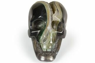 Polished Banded Agate Skull with Quartz Crystal Pocket #237009