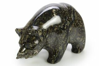 Realistic, Polished Serpentine Stone Bear with Fish - Philippines #308431