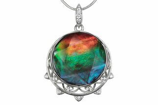 Stunning Round Ammolite Pendant w/ White Topaz - Sterling Silver #380677