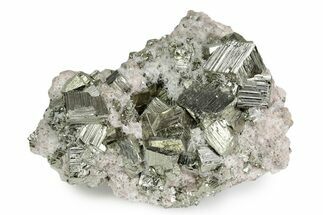 Gleaming Cubic Pyrite Crystals on Rhodochrosite and Quartz - Peru #382037