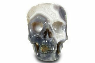 Realistic Polished Banded Agate Skull with Quartz Crystal Pocket #378636
